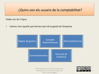 ¿Quins son els usuaris de la comptabilitat?
Poden ser de 2 tipus:
• Interns: Son aquells que formen part de la gestió de l’empresa.
A2M5 Elaboració de material audiovisual i
multimèdia per una acció formativa. Per
Javier Castro Aldeguer
Òrgans de govern.
Consells
d’administració
Direcció/Gerència
Commandaments
Personal de
l’empresa
9
 
