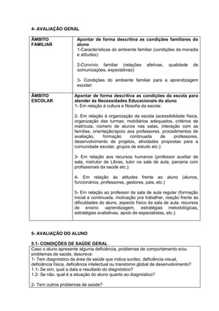 4- AVALIAÇÃO GERAL
ÂMBITO
FAMILIAR
Apontar de forma descritiva as condições familiares do
aluno
1-Características do ambiente familiar (condições da moradia
e atitudes):
2-Convívio familiar (relações afetivas, qualidade de
comunicações, expectativas):
3- Condições do ambiente familiar para a aprendizagem
escolar:
ÂMBITO
ESCOLAR
Apontar de forma descritiva as condições da escola para
atender às Necessidades Educacionais do aluno
1- Em relação à cultura e filosofia da escola:
2- Em relação à organização da escola (acessibilidade física,
organização das turmas; mobiliários adequados, critérios de
matrícula, número de alunos nas salas, interação com as
famílias, orientação/apoio aos professores, procedimentos de
avaliação, formação continuada de professores,
desenvolvimento de projetos, atividades propostas para a
comunidade escolar, grupos de estudo etc.):
3- Em relação aos recursos humanos (professor auxiliar de
sala, instrutor de Libras, tutor na sala de aula, parceria com
profissionais da saúde etc.):
4- Em relação às atitudes frente ao aluno (alunos,
funcionários, professores, gestores, pais, etc.)
5- Em relação ao professor da sala de aula regular (formação
inicial e continuada, motivação pra trabalhar, reação frente às
dificuldades do aluno, aspecto físico da sala de aula, recursos
de ensino -aprendizagem, estratégias metodológicas,
estratégias avaliativas, apoio de especialistas, etc.):
5- AVALIAÇÃO DO ALUNO
5.1- CONDIÇÕES DE SAÚDE GERAL
Caso o aluno apresente alguma deficiência, problemas de comportamento e/ou
problemas de saúde, descreva:
1- Tem diagnóstico da área da saúde que indica surdez, deficiência visual,
deficiência física, deficiência intelectual ou transtorno global de desenvolvimento?
1.1- Se sim, qual a data e resultado do diagnóstico?
1.2- Se não, qual é a situação do aluno quanto ao diagnóstico?
2- Tem outros problemas de saúde?
 