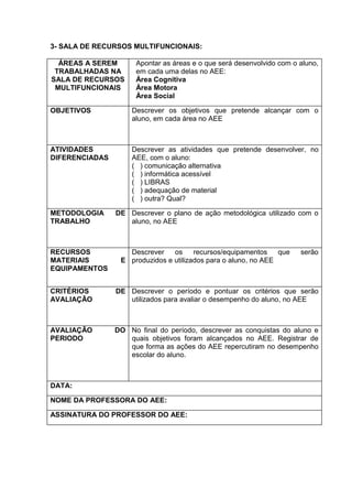 3- SALA DE RECURSOS MULTIFUNCIONAIS:
ÁREAS A SEREM
TRABALHADAS NA
SALA DE RECURSOS
MULTIFUNCIONAIS
Apontar as áreas e o que será desenvolvido com o aluno,
em cada uma delas no AEE:
Área Cognitiva
Área Motora
Área Social
OBJETIVOS Descrever os objetivos que pretende alcançar com o
aluno, em cada área no AEE
ATIVIDADES
DIFERENCIADAS
Descrever as atividades que pretende desenvolver, no
AEE, com o aluno:
( ) comunicação alternativa
( ) informática acessível
( ) LIBRAS
( ) adequação de material
( ) outra? Qual?
METODOLOGIA DE
TRABALHO
Descrever o plano de ação metodológica utilizado com o
aluno, no AEE
RECURSOS
MATERIAIS E
EQUIPAMENTOS
Descrever os recursos/equipamentos que serão
produzidos e utilizados para o aluno, no AEE
CRITÉRIOS DE
AVALIAÇÃO
Descrever o período e pontuar os critérios que serão
utilizados para avaliar o desempenho do aluno, no AEE
AVALIAÇÃO DO
PERIODO
No final do período, descrever as conquistas do aluno e
quais objetivos foram alcançados no AEE. Registrar de
que forma as ações do AEE repercutiram no desempenho
escolar do aluno.
DATA:
NOME DA PROFESSORA DO AEE:
ASSINATURA DO PROFESSOR DO AEE:
 