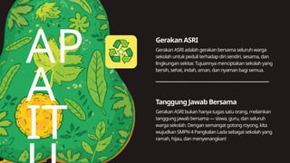 AP
A
IT
Gerakan ASRI
Tanggung Jawab Bersama
Gerakan ASRI adalah gerakan bersama seluruh warga
sekolah untuk peduli terhadap diri sendiri, sesama, dan
lingkungan sekitar
. Tujuannya menciptakan sekolah yang
bersih, sehat, indah, aman, dan nyaman bagi semua.
Gerakan ASRI bukan hanya tugas satu orang, melainkan
tanggung jawab bersama — siswa, guru, dan seluruh
warga sekolah. Dengan semangat gotong royong, kita
wujudkan SMPN 4 Pangkalan Lada sebagai sekolah yang
ramah, hijau, dan menyenangkan!
 