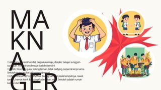 MA
KN
A
🧍 AKU: Jaga kebersihan diri, berpakaian rapi, disiplin, belajar sungguh-
sungguh. Perubahan dimulai dari diri sendiri!
🤝 KAMU: Hormati guru, tolong teman, tidak bullying, sopan & kerja sama.
Sekolah nyaman jika saling menghargai!
🌿 LINGKUNGAN KITA BERSAMA: Buang sampah pada tempatnya, rawat
taman, hemat listrik & air
, jaga kebersihan kelas. Sekolah adalah rumah
kedua kita!
 