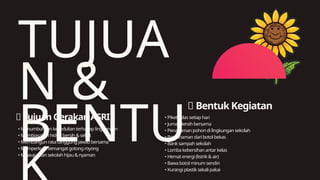 TUJUA
N &
BENTU
🎯 Tujuan Gerakan ASRI
🌿 Bentuk Kegiatan
• Menumbuhkan kepedulian terhadap lingkungan
• Membiasakan hidup bersih & sehat
• Membangun rasa tanggung jawab bersama
• Memperkuat semangat gotong royong
• Mewujudkan sekolah hijau & nyaman
• Piket kelas setiap hari
• Jumat Bersih bersama
• Penanaman pohon di lingkungan sekolah
• Pot tanaman dari botol bekas
• Bank sampah sekolah
• Lomba kebersihan antar kelas
• Hemat energi (listrik & air)
• Bawa botol minum sendiri
• Kurangi plastik sekali pakai
 