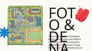 FOT
O &
DE
Tempat kita belajar dan berkegiatan
bersama. Kenali setiap sudut SMPN 4
Pangkalan Lada — dari ruang kelas,
perpustakaan, laboratorium, hingga
lapangan dan taman sekolah yang asri.
 