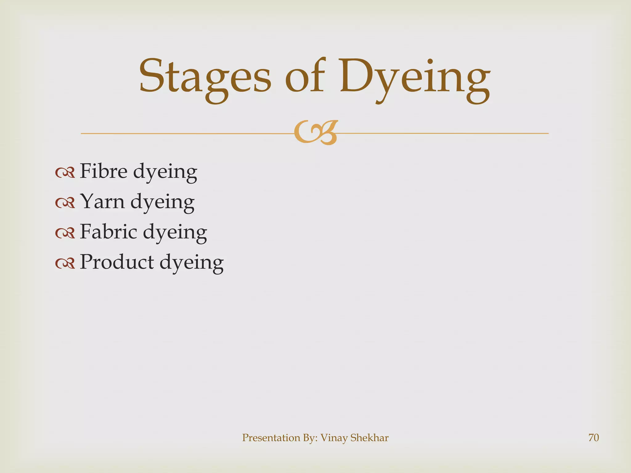 
 Fibre dyeing
 Yarn dyeing
 Fabric dyeing
 Product dyeing
Presentation By: Vinay Shekhar 70
Stages of Dyeing
 
