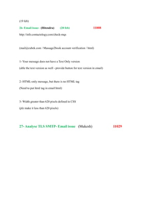 (19 feb)
26- Email issue- (Hitendra) (20 feb) 11008
http://info.contactology.com/check-mqs
(mail@cubek.com / Massage2book account verification / html)
1- Your message does not have a Text Only version
(able the text version as well - provide button for text version in email)
2- HTML-only message, but there is no HTML tag
(Need to put html tag in email html)
3- Width greater than 620 pixels defined in CSS
(plz make it less than 620 pixels)
27- Analyse TLS SMTP- Email issue (Mukesh) 11029
 