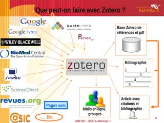 URFIST - SCD U.Rennes 1
5
Que peut-on faire avec Zotero ?
… Etc.
Bibliographie
1__________2__
________3_____
_____4________
__5__________
Article avec
citations et
bibliographie
Pages web
Base Zotero de
références et pdf
biblio en ligne,
groupes
 