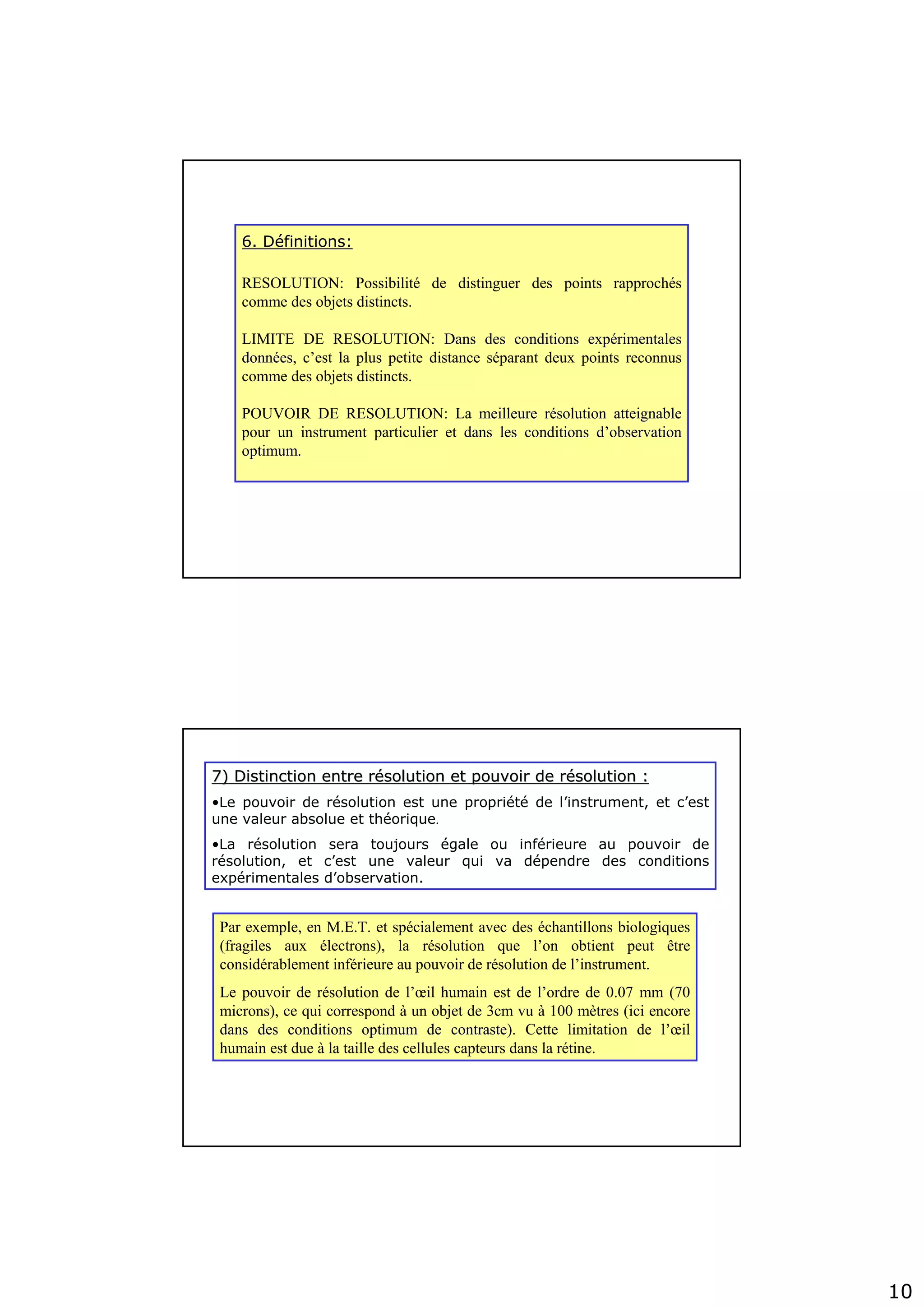 10
6. D6. Dééfinitions:finitions:
RESOLUTION: Possibilité de distinguer des points rapprochés
comme des objets distincts.
LIMITE DE RESOLUTION: Dans des conditions expDans des conditions expéérimentalesrimentales
donndonnééeses, c’est la plus petite distance séparant deux points reconnus
comme des objets distincts.
POUVOIR DE RESOLUTION: La meilleure rmeilleure réésolution atteignablesolution atteignable
pour un instrument particulier et dans les conditions ddans les conditions d’’observationobservation
optimum.optimum.
7) Distinction entre r7) Distinction entre réésolution et pouvoir de rsolution et pouvoir de réésolution :solution :
•Le pouvoir de résolution est une propriété de l’instrument, et c’est
une valeur absolue et théorique.
•La résolution sera toujours égale ou inférieure au pouvoir de
résolution, et c’est une valeur qui va dépendre des conditions
expérimentales d’observation.
Par exemple, en M.E.T. et spécialement avec des échantillons biologiques
(fragiles aux électrons), la résolution que l’on obtient peut être
considérablement inférieure au pouvoir de résolution de l’instrument.
Le pouvoir de résolution de l’œil humain est de l’ordre de 0.07 mm (70
microns), ce qui correspond à un objet de 3cm vu à 100 mètres (ici encore
dans des conditions optimum de contrastedans des conditions optimum de contraste). Cette limitation de l’œil
humain est due à la taille des cellules capteurs dans la rétine.
 