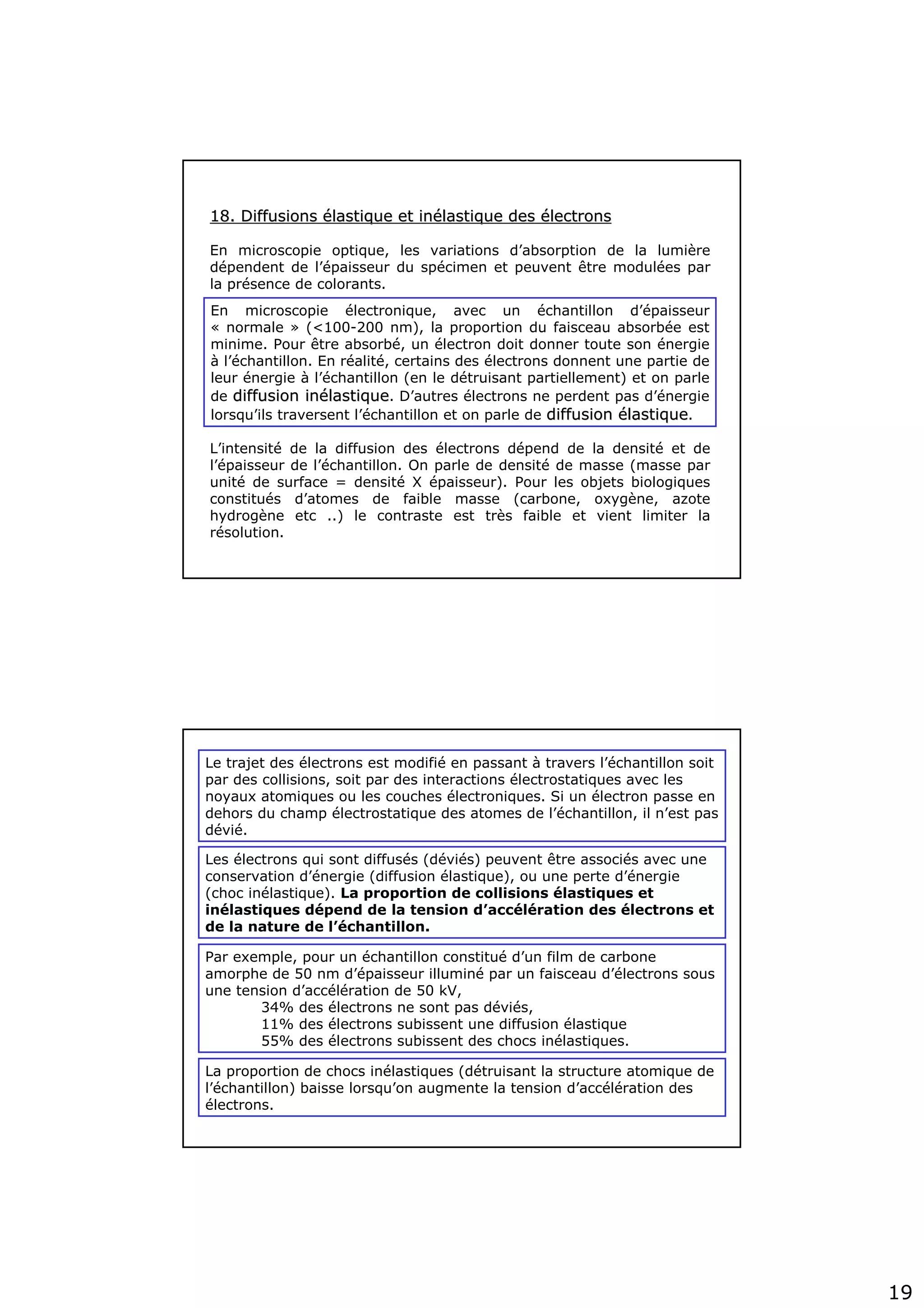 19
18. Diffusions18. Diffusions éélastique et inlastique et inéélastique deslastique des éélectronslectrons
En microscopie optique, les variations d’absorption de la lumière
dépendent de l’épaisseur du spécimen et peuvent être modulées par
la présence de colorants.
En microscopie électronique, avec un échantillon d’épaisseur
« normale » (<100-200 nm), la proportion du faisceau absorbée est
minime. Pour être absorbé, un électron doit donner toute son énergie
à l’échantillon. En réalité, certains des électrons donnent une partie de
leur énergie à l’échantillon (en le détruisant partiellement) et on parle
de diffusion indiffusion inéélastiquelastique. D’autres électrons ne perdent pas d’énergie
lorsqu’ils traversent l’échantillon et on parle de diffusiondiffusion éélastiquelastique.
L’intensité de la diffusion des électrons dépend de la densité et de
l’épaisseur de l’échantillon. On parle de densité de masse (masse par
unité de surface = densité X épaisseur). Pour les objets biologiques
constitués d’atomes de faible masse (carbone, oxygène, azote
hydrogène etc ..) le contraste est très faible et vient limiter la
résolution.
Le trajet des électrons est modifié en passant à travers l’échantillon soit
par des collisions, soit par des interactions électrostatiques avec les
noyaux atomiques ou les couches électroniques. Si un électron passe en
dehors du champ électrostatique des atomes de l’échantillon, il n’est pas
dévié.
Les électrons qui sont diffusés (déviés) peuvent être associés avec une
conservation d’énergie (diffusion élastique), ou une perte d’énergie
(choc inélastique). La proportion de collisions élastiques et
inélastiques dépend de la tension d’accélération des électrons et
de la nature de l’échantillon.
Par exemple, pour un échantillon constitué d’un film de carbone
amorphe de 50 nm d’épaisseur illuminé par un faisceau d’électrons sous
une tension d’accélération de 50 kV,
34% des électrons ne sont pas déviés,
11% des électrons subissent une diffusion élastique
55% des électrons subissent des chocs inélastiques.
La proportion de chocs inélastiques (détruisant la structure atomique de
l’échantillon) baisse lorsqu’on augmente la tension d’accélération des
électrons.
 