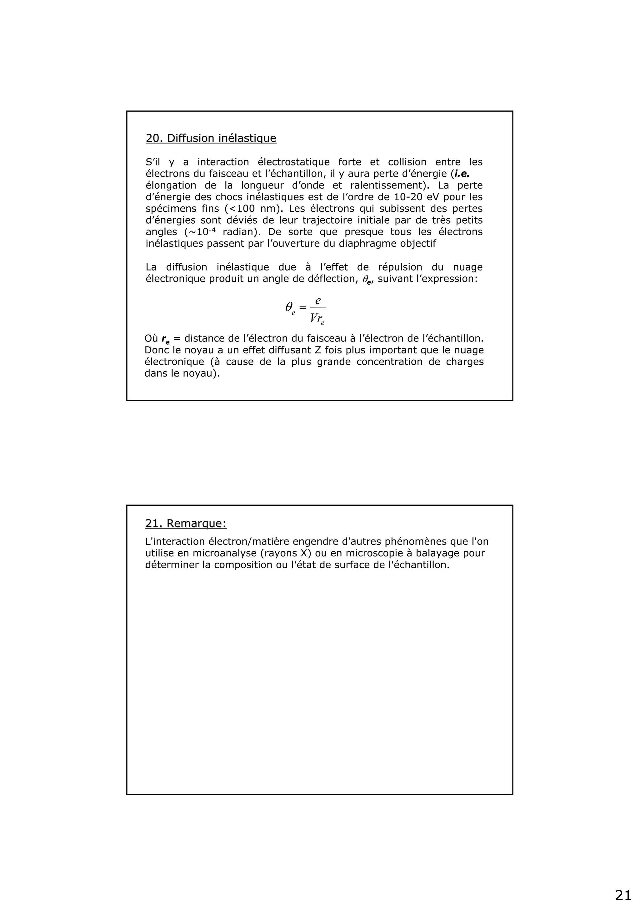 21
20. Diffusion in20. Diffusion inéélastiquelastique
S’il y a interaction électrostatique forte et collision entre les
électrons du faisceau et l’échantillon, il y aura perte d’énergie (i.e.
élongation de la longueur d’onde et ralentissement). La perte
d’énergie des chocs inélastiques est de l’ordre de 10-20 eV pour les
spécimens fins (<100 nm). Les électrons qui subissent des pertes
d’énergies sont déviés de leur trajectoire initiale par de très petits
angles (~10-4 radian). De sorte que presque tous les électrons
inélastiques passent par l’ouverture du diaphragme objectif
Où re = distance de l’électron du faisceau à l’électron de l’échantillon.
Donc le noyau a un effet diffusant Z fois plus important que le nuage
électronique (à cause de la plus grande concentration de charges
dans le noyau).
La diffusion inélastique due à l’effet de répulsion du nuage
électronique produit un angle de déflection, θe, suivant l’expression:
e
e
Vr
e
=θ
21. Remarque:21. Remarque:
L'interaction électron/matière engendre d'autres phénomènes que l'on
utilise en microanalyse (rayons X) ou en microscopie à balayage pour
déterminer la composition ou l'état de surface de l'échantillon.
 