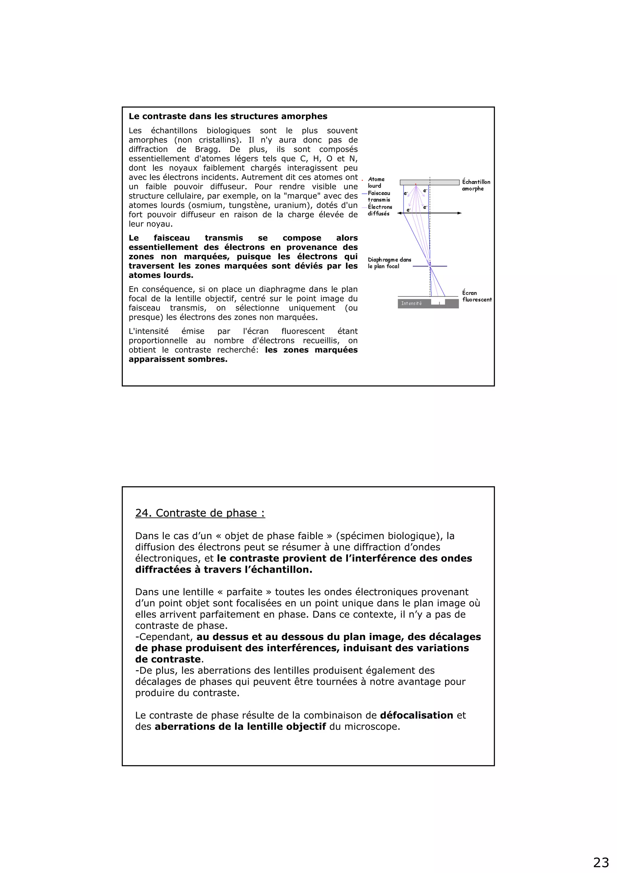 23
Le contraste dans les structures amorphes
Les échantillons biologiques sont le plus souvent
amorphes (non cristallins). Il n'y aura donc pas de
diffraction de Bragg. De plus, ils sont composés
essentiellement d'atomes légers tels que C, H, O et N,
dont les noyaux faiblement chargés interagissent peu
avec les électrons incidents. Autrement dit ces atomes ont
un faible pouvoir diffuseur. Pour rendre visible une
structure cellulaire, par exemple, on la "marque" avec des
atomes lourds (osmium, tungstène, uranium), dotés d'un
fort pouvoir diffuseur en raison de la charge élevée de
leur noyau.
Le faisceau transmis se compose alors
essentiellement des électrons en provenance des
zones non marquées, puisque les électrons qui
traversent les zones marquées sont déviés par les
atomes lourds.
En conséquence, si on place un diaphragme dans le plan
focal de la lentille objectif, centré sur le point image du
faisceau transmis, on sélectionne uniquement (ou
presque) les électrons des zones non marquées.
L'intensité émise par l'écran fluorescent étant
proportionnelle au nombre d'électrons recueillis, on
obtient le contraste recherché: les zones marquées
apparaissent sombres.
24. Contraste de phase :24. Contraste de phase :
Dans le cas d’un « objet de phase faible » (spécimen biologique), la
diffusion des électrons peut se résumer à une diffraction d’ondes
électroniques, et le contraste provient de l’interférence des ondes
diffractées à travers l’échantillon.
Dans une lentille « parfaite » toutes les ondes électroniques provenant
d’un point objet sont focalisées en un point unique dans le plan image où
elles arrivent parfaitement en phase. Dans ce contexte, il n’y a pas de
contraste de phase.
-Cependant, au dessus et au dessous du plan image, des décalages
de phase produisent des interférences, induisant des variations
de contraste.
-De plus, les aberrations des lentilles produisent également des
décalages de phases qui peuvent être tournées à notre avantage pour
produire du contraste.
Le contraste de phase résulte de la combinaison de défocalisation et
des aberrations de la lentille objectif du microscope.
 