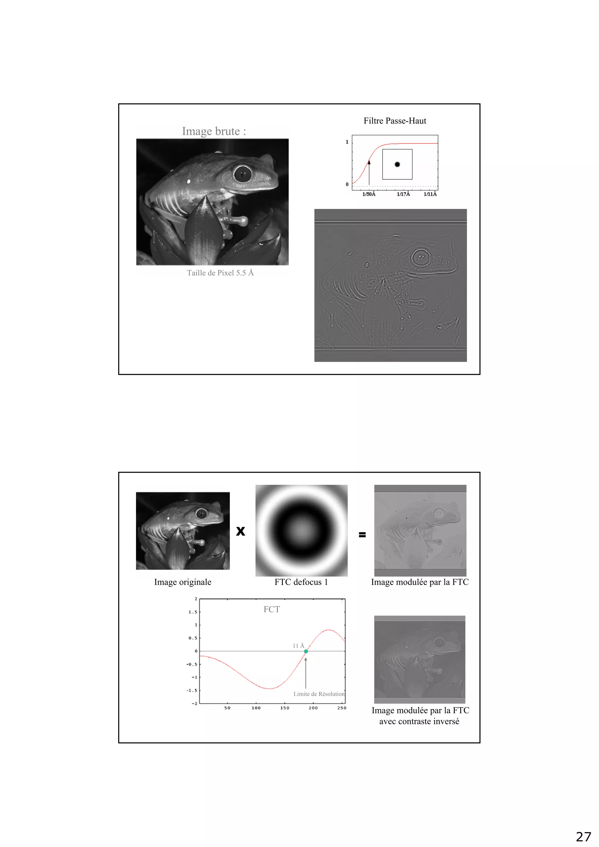 27
Low-pass filterFiltre Passe-Haut
Image brute :
Taille de Pixel 5.5 Å
Image originale FTC defocus 1 Image modulée par la FTC
Image modulée par la FTC
avec contraste inversé
X =
FCT
Limite de Résolution
11 Å
 