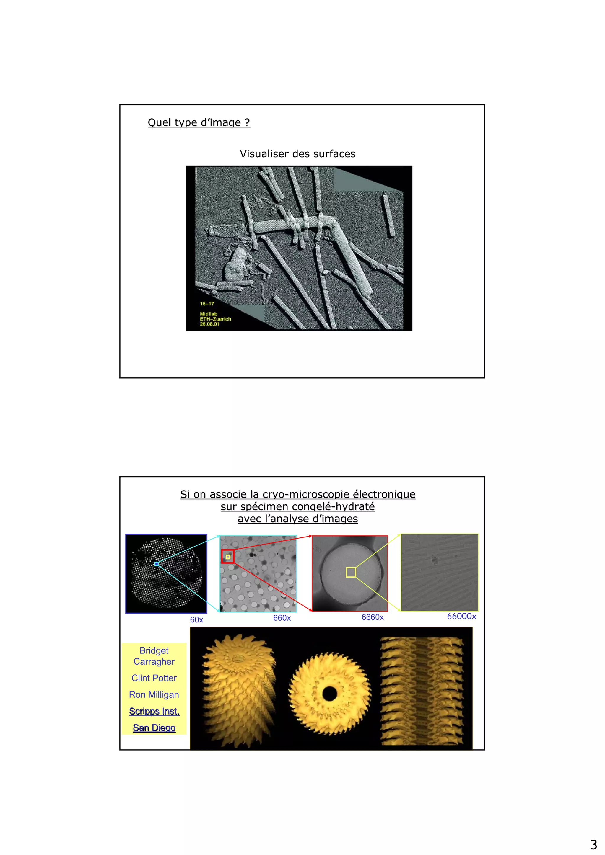 3
Quel type dQuel type d’’image ?image ?
Visualiser des surfaces
Si on associe laSi on associe la cryocryo--microscopiemicroscopie éélectroniquelectronique
sur spsur spéécimen congelcimen congeléé--hydrathydratéé
avec lavec l’’analyse danalyse d’’imagesimages
60x 660x 6660x 66000x
Bridget
Carragher
Clint Potter
Ron Milligan
Scripps Inst.Scripps Inst.
San DiegoSan Diego
 