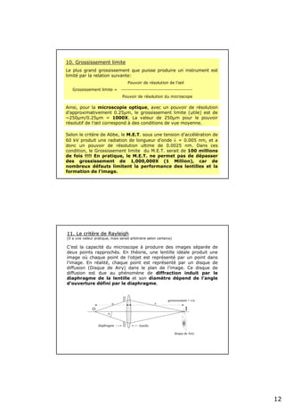 12
10. Grossissement limite10. Grossissement limite
Le plus grand grossissement que puisse produire un instrument est
limité par la relation suivante:
Pouvoir de résolution de l’œil
Grossissement limite = -----------------------------------------
Pouvoir de résolution du microscope
Ainsi, pour la microscopie optique, avec un pouvoir de résolution
d’approximativement 0.25µm, le grossissement limite (utile) est de
~250µm/0.25µm = 1000X. La valeur de 250µm pour le pouvoir
résolutif de l’œil correspond à des conditions de vue moyenne.
Selon le critère de Abbe, le M.E.T. sous une tension d’accélération de
60 kV produit une radiation de longueur d’onde λ = 0.005 nm, et a
donc un pouvoir de résolution ultime de 0.0025 nm. Dans ces
condition, le Grossissement limite du M.E.T. serait de 100 millions
de fois !!!! En pratique, le M.E.T. ne permet pas de dépasser
des grossissement de 1,000,000X (1 Million), car de
nombreux défauts limitent la performance des lentilles et la
formation de l’image.
11. Le crit11. Le critèère de Rayleighre de Rayleigh
(Il a une valeur pratique, mais serait arbitraire selon certains)
C’est la capacité du microscope à produire des images séparée de
deux points rapprochés. En théorie, une lentille idéale produit une
image où chaque point de l’objet est représenté par un point dans
l’image. En réalité, chaque point est représenté par un disque de
diffusion (Disque de Airy) dans le plan de l’image. Ce disque de
diffusion est due au phénomène de diffraction induit par le
diaphragme de la lentille et son diamètre dépend de l’angle
d’ouverture défini par le diaphragme.
O I
disque de Airy
α
u v
lentillediaphragme
grossissement = v/u
 