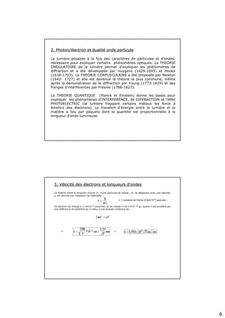 6
2. Photon/2. Photon/éélectron et dualitlectron et dualitéé onde particuleonde particule
La lumière possède à la fois des caractères de particules et d'ondes,
nécessaire pour expliquer certains phénomènes optiques. La THEORIE
ONDULATOIRE de la lumière permet d'expliquer les phénomènes de
diffraction et a été développée par Huygens (1629-1695) et Hooke
(1638-1703). La THEORIE CORPUSCULAIRE a été proposée par Newton
(1642- 1727) et elle est devenue la théorie la plus commune, même
après la démonstration de la diffraction par Young (1773-1829) et des
franges d'interférences par Fresnel (1788-1827).
La THEORIE QUANTIQUE (Planck et Einstein) donne les bases pour
expliquer les phénomènes d'INTERFERENCE, de DIFFRACTION et l'effet
PHOTOELECTRIC (la lumière frappant certains métaux les force à
émettre des électrons). Le transfert d'énergie entre la lumière et la
matière a lieu par paquets dont la quantité est proportionnelle à la
longueur d'onde lumineuse.
3.3. VVéélocitlocitéé desdes éélectrons et longueurs d'ondeslectrons et longueurs d'ondes
La relation entre la longueur d'onde (λ) d'une particule de masse , m, se déplaçant avec une vélocité,
v, est donnée par l'équation de DeBroglie :
Un électron de charge e (1.6•10-19 coulomb), et de masse m (9.11•10- 28 g), quand il est accéléré par
une différence de potentiel de V volts, a une énergie cinétique de :
⇒ et
h = constante de Planck (6.624•10-34 joule-sec)
 