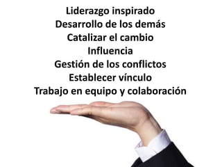 Liderazgo inspiradoDesarrollo de los demásCatalizar el cambioInfluenciaGestión de los conflictosEstablecer vínculoTrabajo en equipo y colaboración