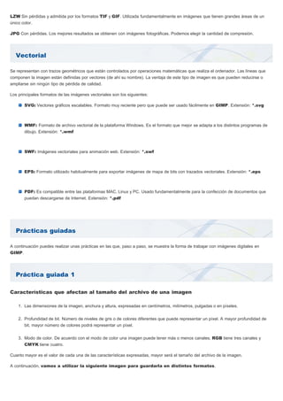 Vectorial
Prácticas guiadas
Práctica guiada 1
LZW Sin pérdidas y admitida por los formatos TIF y GIF. Utilizada fundamentalmente en imágenes que tienen grandes áreas de un
único color.
JPG Con pérdidas. Los mejores resultados se obtienen con imágenes fotográficas. Podemos elegir la cantidad de compresión.
Se representan con trazos geométricos que están controlados por operaciones matemáticas que realiza el ordenador. Las líneas que
componen la imagen están definidas por vectores (de ahí su nombre). La ventaja de este tipo de imagen es que pueden reducirse o
ampliarse sin ningún tipo de pérdida de calidad.
Los principales formatos de las imágenes vectoriales son los siguientes:
SVG: Vectores gráficos escalables. Formato muy reciente pero que puede ser usado fácilmente en GIMP. Extensión: *.svg
WMF: Formato de archivo vectorial de la plataforma Windows. Es el formato que mejor se adapta a los distintos programas de
dibujo. Extensión: *.wmf
SWF: Imágenes vectoriales para animación web. Extensión: *.swf
EPS: Formato utilizado habitualmente para exportar imágenes de mapa de bits con trazados vectoriales. Extensión: *.eps
PDF: Es compatible entre las plataformas MAC, Linux y PC. Usado fundamentalmente para la confección de documentos que
puedan descargarse de Internet. Extensión: *.pdf
A continuación puedes realizar unas prácticas en las que, paso a paso, se muestra la forma de trabajar con imágenes digitales en
GIMP.
Características que afectan al tamaño del archivo de una imagen
1. Las dimensiones de la imagen, anchura y altura, expresadas en centímetros, milímetros, pulgadas o en píxeles.
2. Profundidad de bit. Número de niveles de gris o de colores diferentes que puede representar un píxel. A mayor profundidad de
bit, mayor número de colores podrá representar un píxel.
3. Modo de color. De acuerdo con el modo de color una imagen puede tener más o menos canales. RGB tiene tres canales y
CMYK tiene cuatro.
Cuanto mayor es el valor de cada una de las características expresadas, mayor será el tamaño del archivo de la imagen.
A continuación, vamos a utilizar la siguiente imagen para guardarla en distintos formatos.
 