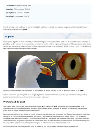 El píxel
El kilobyte (kB) equivale a 1000 bytes.
Megabyte (MB) equivale a 1000 kB.
Gigabyte (GB) equivale a 1000 MB.
Terabyte (TB) equivale a 1000 GB.
Cuando la imagen está codificada en bits, formato digital, puede ser modificada con cualquier programa de tratamiento de imagen, y
nosotros vamos a hacerlo con GIMP.
Las imágenes digitales se crean formando una retícula rectangular formada por celdillas. Cada una de las celdillas recibe el nombre de
píxel. Este nombre proviene de la expresión que se obtiene al unir las palabras inglesas picture y element. Los píxeles son las unidades
de color que componen la imagen. Un píxel no tiene una medida concreta, no se puede decir si mide 1 mm. o 1 cm. o 1 m., simplemente
es la medida de división de una retícula en celdillas.
Cada uno de los cuadrados que se observan en la ampliación de la zona marcada en rojo en la anterior imagen es un píxel.
Toda la información que corresponde a una imagen digitalizada consta de una matriz de píxeles que vemos en nuestra pantalla y
guardamos en los sistemas de almacenamiento de nuestro ordenador.
Profundidad de píxel
Una imagen digital está formada por una matriz de píxeles (a x b x c), donde a y b representan la anchura y altura y c es la
profundidad de color o profundidad de bit, podríamos decir que es la tercera dimensión de la matriz, la que permite que cada píxel
pueda tener un número determinado de colores distintos.
La profundidad de píxel es una unidad de medida binaria porque cada píxel está formado por bits. Cuando decimos que la profundidad
de píxel es de 1 bit, la imagen solamente tiene dos colores o dos niveles de gris representados por los valores 0 y 1; por ejemplo
solamente puede ser o blanco o negro. Una profundidad de píxel de 8 bits permite que cada pixel pueda tener 256 colores distintos o
256 niveles distintos de grises que provienen de combinar las series de ocho elementos posibles obtenidas de combinar ceros y unos.
Si la profundidad del píxel es de 24 bits podemos llegar a 16 millones de colores distintos en cada píxel.
El número de bits por píxel determinará la gama de colores de una imagen, según lo expresado en la siguiente tabla.
 