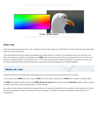 Modos de color
16 bits - 65.536 colores
Color real
Cada píxel solamente puede ser de un color, cuando decimos que una imagen es de 256 colores, queremos decir que cada píxel puede
tomar uno de esos 256 colores.
Si la profundidad es de 24 bits, tenemos la posibilidad de manejar millones de colores con la combinación de los tres primarios: rojo
(red), verde (green) y azul (blue), es el llamado modo RGB. Cada canal de color tiene 8 bits para controlar cada color, por lo tanto, los
colores que podemos obtener son 256 x 256 x 256 = 16.777.216, por eso se llama "millones de colores" y se conoce como color real.
Con esta cantidad de colores es suficiente para que el ojo humano perciba las imágenes con calidad fotográfica.
Llamamos modo de color al sistema de coordenadas que nos sirve para describir los colores de forma numérica.
Los principales son el RGB (rojo, verde y azul), el HLS (tono, luminosidad, saturación) y el CMYK (cian, magenta, amarillo y negro).
En GIMP sólo podemos trabajar en los modos RGB, Escala de grises (256 niveles de gris) e Indexado (podemos elegir el número
de colores con los que vamos a trabajar hasta un máximo de 256).
Los modos de color afectan al tamaño de la imagen en disco y al número de canales de color que utilizan. Si incrementamos el número
de colores aumentará el tamaño del archivo que contiene la imagen. En la tabla se muestran los diferentes modos de color y sus
características.
 