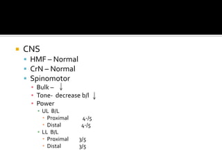 CNSHMF – NormalCrN – NormalSpinomotorBulk – Tone-  decrease b/lPowerUL  B/LProximal	   4-/5Distal     	  4-/5LL  B/LProximal	3/5Distal	3/5