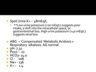 Spot Urine K+ -  48mEq/L **Low urine potassium (<20 mEq/L) suggests poor intake, a shift into the intracellular space, or gastrointestinal loss. High urine potassium (>40 mEq/L) suggests renal loss.ABG  –  Compensated  Metabolic Acidosis + Respiratory  alkalosis. AG normalpH- 7.32Pco2 –  22 HCO3- 14.0Cl -     108Na+ - 136K+ -    1.4