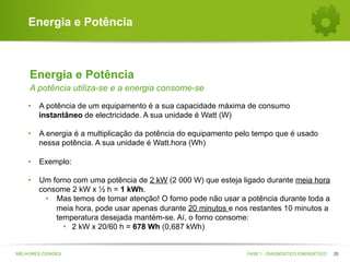 Energia e Potência

Energia e Potência
A potência utiliza-se e a energia consome-se
•  A potência de um equipamento é a sua capacidade máxima de consumo
instantâneo de electricidade. A sua unidade é Watt (W)
•  A energia é a multiplicação da potência do equipamento pelo tempo que é usado
nessa potência. A sua unidade é Watt.hora (Wh)
•  Exemplo:
•  Um forno com uma potência de 2 kW (2 000 W) que esteja ligado durante meia hora
consome 2 kW x ½ h = 1 kWh.
•  Mas temos de tomar atenção! O forno pode não usar a potência durante toda a
meia hora, pode usar apenas durante 20 minutos e nos restantes 10 minutos a
temperatura desejada mantém-se. Aí, o forno consome:
•  2 kW x 20/60 h = 678 Wh (0,687 kWh)

MELHORES CIDADES

FASE 1 - DIAGNÓSTICO ENERGÉTICO

20

 