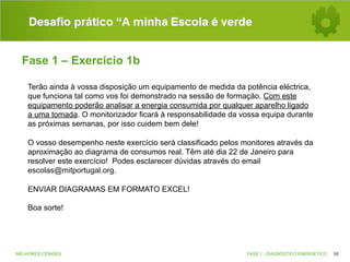 Desafio prático “A minha Escola é verde
Fase 1 – Exercício 1b
Terão ainda à vossa disposição um equipamento de medida da potência eléctrica,
que funciona tal como vos foi demonstrado na sessão de formação. Com este
equipamento poderão analisar a energia consumida por qualquer aparelho ligado
a uma tomada. O monitorizador ficará à responsabilidade da vossa equipa durante
as próximas semanas, por isso cuidem bem dele!
O vosso desempenho neste exercício será classificado pelos monitores através da
aproximação ao diagrama de consumos real. Têm até dia 22 de Janeiro para
resolver este exercício! Podes esclarecer dúvidas através do email
escolas@mitportugal.org.
ENVIAR DIAGRAMAS EM FORMATO EXCEL!
Boa sorte!

MELHORES CIDADES

FASE 1 - DIAGNÓSTICO ENERGÉTICO

58

 