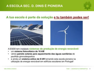A ESCOLA SEC. D. DINIS É PIONEIRA
A tua escola é parte da solução e tu também podes ser!

A ESDD tem instalado sistemas de produção de energia renovável:
•  um sistema fotovoltaico de 16 kW
•  vários painéis solares para aquecimento das águas sanitárias do
pavilhão gimnodesportivo
•  e ainda um sistema eólico de 6 kW tornando esta escola pioneira na
utilização de energia renovável em edifícios escolares em Portugal!

MELHORES CIDADES

FASE 1 - DIAGNÓSTICO ENERGÉTICO

8

 