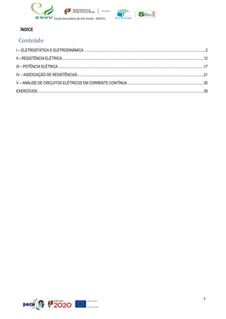 1
Escola Secundária de Vila Verde – 403751
ÍNDICE
Conteúdo
I – ELETROSTÁTICA E ELETRODINÂMICA ...............................................................................................................................2
II – RESISTÊNCIA ELÉTRICA....................................................................................................................................................12
III – POTÊNCIA ELÉTRICA........................................................................................................................................................17
IV – ASSOCIAÇÃO DE RESISTÊNCIAS....................................................................................................................................21
V – ANÁLISE DE CIRCUITOS ELÉTRICOS EM CORRENTE CONTÍNUA................................................................................30
EXERCÍCIOS..............................................................................................................................................................................38
 