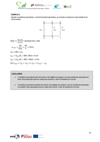 29
Escola Secundária de Vila Verde – 403751
EXEMPLO 6
Calcular a resistência equivalente, a corrente fornecida pela bateria, as correntes e tensões em cada resistência do
circuito abaixo:
A C E
R1
48 V 8 k
R2
24k
B D F
𝑅𝑒𝑞 =
𝑅1𝑥 𝑅2
𝑅1+𝑅2
= 8x24/(8+24) = 6kΩ
𝐼𝑡𝑜𝑡𝑎𝑙 =
48
𝑅𝑒𝑞
=
48
6
= 8𝑚𝐴
UR1 = 48V = UR2
𝐼𝑅1 = 𝑈𝑅1/𝑅1 = 48V / 8kΩ = 6 mA
𝐼𝑅2 = 𝑈𝑅2/𝑅2 = 48V / 24kΩ = 2 mA
Ou 𝐼𝑡𝑜𝑡𝑎𝑙 = 𝐼𝑅1 + 𝐼𝑅2 => 𝐼𝑅1 = 𝐼𝑡𝑜𝑡𝑎𝑙 − 𝐼𝑅2
CONCLUSÕES
• A resistência equivalente série terá sempre valor maior que qualquer uma das resistências associadas em
série. Essa associação pode ser usada para aumentar o valor da resistência do circuito.
• A resistência equivalente paralela terá sempre valor menor que qualquer uma das resistências associadas
em paralelo. Essa associação pode ser usada para diminuir o valor da resistência do circuito.
 