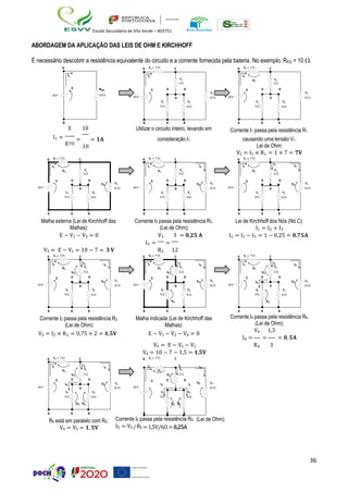 36
Escola Secundária de Vila Verde – 403751
ABORDAGEM DA APLICAÇÃO DAS LEIS DE OHM E KIRCHHOFF
É necessário descobrir a resistência equivalente do circuito e a corrente fornecida pela bateria. No exemplo, REQ = 10 .
A A R1 = 7  C
I1 I1
R2
2 
A R1 = 7  C
I1
V1
R2
2 
E REQ
10 V 10 
10V
E D D
D
R4 R5
3  6 
R3
12  10V
E D D
D
R4 R5
3  6 
R3
12 
B
E 10
B B B
Utilizar o circuito inteiro, levando em
B B B
Corrente I1 passa pela resistência R1
I1 =
EQ
= = 𝟏𝐀
10
consideração I1. causando uma tensão V1.
Lei de Ohm:
V1 = I1 × R1 = 1 × 7 = 𝟕𝐕
A R1 = 7  C
I1
V1
R2
2 
A R1 = 7  C
I1 I3
V1
R2
2 
A R1 = 7  C
I1
I2 I3
V1
R2
2 
10V
E D D
V3
D
R4 R5
3  6 
R3
12  10V
E D D
V3
D
R4 R5
3  6 
R3
12  10V
E D D
V3
D
R4 R5
3  6 
R3
12 
B B B
Malha externa (Lei de Kirchhoff das
Malhas):
B B B
Corrente I3 passa pela resistência R3.
(Lei de Ohm):
B B B
Lei de Kirchhoff dos Nós (Nó C):
I1 = I2 + I3
E − V1 − V3 = 0 V3 3
I3 = =
= 𝟎,𝟐𝟓 𝐀 I2 = I1 − I3 = 1 − 0,25 = 𝟎,𝟕𝟓𝐀
V3 = E − V1 = 10 − 7 = 𝟑 𝐕 R3 12
A R1 = 7 
I1
V1
C
I2 I3
R2
V2 2 
A R1 = 7 
I1
V1
C
I2 I3
R2
V2 2 
A R1 = 7 
I1
V1
C
I2 I3
R2
V2 2 
E
10V
D D
V3
D
R3
12 
E
10V
D D
V3
D
R3
12  10V
E D D
I4
D
V3 R3
12 
R4 R5
3  6 
R4 R5
3  6 
V4
R4 R5
3  6 
V4
B B B
Corrente I2 passa pela resistência R2.
(Lei de Ohm):
V2 = I2 × R2 = 0,75 × 2 = 𝟏,𝟓𝐕
B B B
Malha indicada (Lei de Kirchhoff das
Malhas):
E − V1 − V2 − V4 = 0
B B B
Corrente I4 passa pela resistência R4.
(Lei de Ohm):
V4 1,5
I4 = = = 𝟎,𝟓𝐀
V4 = E − V1 − V2
V4 = 10 − 7 − 1,5 = 𝟏,𝟓𝐕
R4 3
A R1 = 7 
I1
V1
C
I2 I3
R2
V2 2 
A R1 = 7 
I1
V1
C
I2 I3
R2
V2 2 
10V
E D D
I4
D
V3 R3
12  10V
E D D
I4 I5
V3
D
R3
12 
R4 R5
3  6 
V4 V5
R4 R5
3  6 
V4 V5
B B B
R4 está em paralelo com R5:
V4 = V5 = 𝟏, 𝟓𝐕
B B B
Corrente I5 passa pela resistência R5. (Lei de Ohm):
I5 = V5 /R5 =1,5V/6Ω=0,25A
R
 