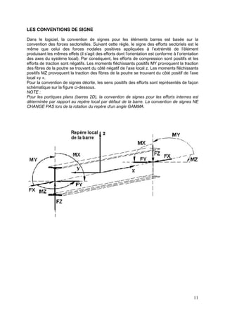 11
LES CONVENTIONS DE SIGNE
Dans le logiciel, la convention de signes pour les éléments barres est basée sur la
convention des forces sectorielles. Suivant cette règle, le signe des efforts sectoriels est le
même que celui des forces nodales positives appliquées à l’extrémité de l’élément
produisant les mêmes effets (il s’agit des efforts dont l’orientation est conforme à l’orientation
des axes du système local). Par conséquent, les efforts de compression sont positifs et les
efforts de traction sont négatifs. Les moments fléchissants positifs MY provoquent la traction
des fibres de la poutre se trouvant du côté négatif de l’axe local z. Les moments fléchissants
positifs MZ provoquent la traction des fibres de la poutre se trouvant du côté positif de l’axe
local «y ».
Pour la convention de signes décrite, les sens positifs des efforts sont représentés de façon
schématique sur la figure ci-dessous.
NOTE :
Pour les portiques plans (barres 2D), la convention de signes pour les efforts internes est
déterminée par rapport au repère local par défaut de la barre. La convention de signes NE
CHANGE PAS lors de la rotation du repère d’un angle GAMMA.
 