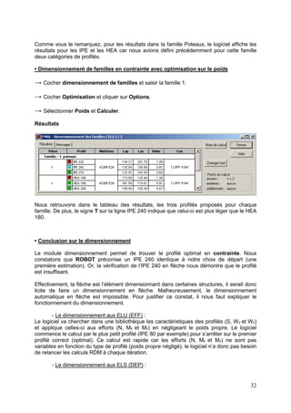 32
Comme vous le remarquez, pour les résultats dans la famille Poteaux, le logiciel affiche les
résultats pour les IPE et les HEA car nous avions défini précédemment pour cette famille
deux catégories de profilés.
• Dimensionnement de familles en contrainte avec optimisation sur le poids
→ Cocher dimensionnement de familles et saisir la famille 1.
→ Cocher Optimisation et cliquer sur Options.
→ Sélectionner Poids et Calculer.
Résultats
Nous retrouvons dans le tableau des résultats, les trois profilés proposés pour chaque
famille. De plus, le signe T sur la ligne IPE 240 indique que celui-ci est plus léger que le HEA
180.
• Conclusion sur le dimensionnement
Le module dimensionnement permet de trouver le profilé optimal en contrainte. Nous
constatons que ROBOT préconise un IPE 240 identique à notre choix de départ (une
première estimation). Or, la vérification de l’IPE 240 en flèche nous démontre que le profilé
est insuffisant.
Effectivement, la flèche est l’élément dimensionnant dans certaines structures, il serait donc
licite de faire un dimensionnement en flèche. Malheureusement, le dimensionnement
automatique en flèche est impossible. Pour justifier ce constat, il nous faut expliquer le
fonctionnement du dimensionnement.
- Le dimensionnement aux ELU (EFF) :
Le logiciel va chercher dans une bibliothèque les caractéristiques des profilés (S, Wy et Wz)
et applique celles-ci aux efforts (N, My et Mz) en négligeant le poids propre. Le logiciel
commence le calcul par le plus petit profilé (IPE 80 par exemple) pour s’arrêter sur le premier
profilé correct (optimal). Ce calcul est rapide car les efforts (N, My et Mz) ne sont pas
variables en fonction du type de profilé (poids propre négligé), le logiciel n’a donc pas besoin
de relancer les calculs RDM à chaque itération.
- Le dimensionnement aux ELS (DEP) :
 