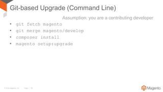 © 2016 Magento, Inc. Page | 18
Git-based Upgrade (Command Line)
Assumption: you are a contributing developer
• git fetch magento
• git merge magento/develop
• composer install
• magento setup:upgrade
 