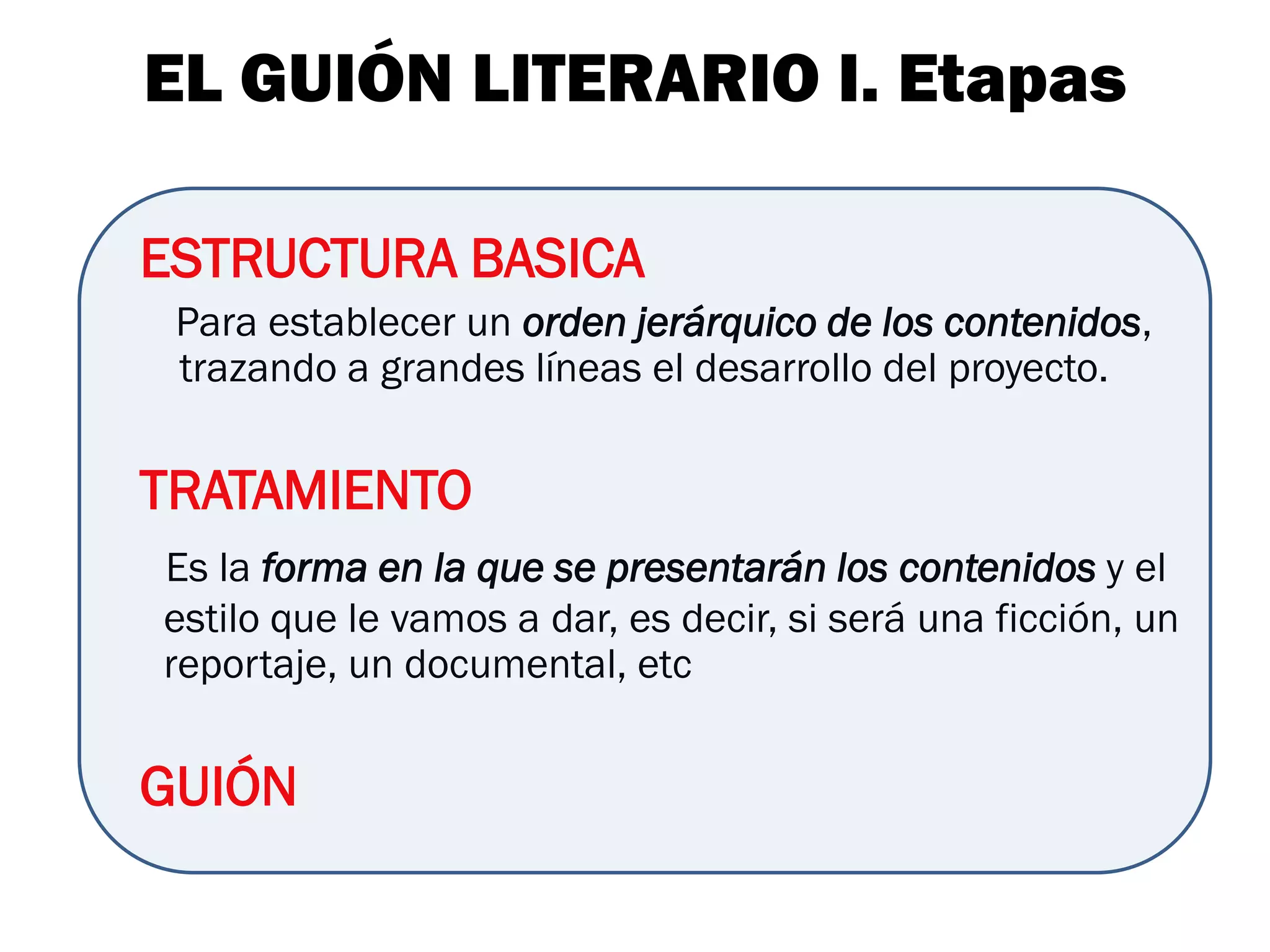 EL GUIÓN LITERARIO I. Etapas

ESTRUCTURA BASICA
 Para establecer un orden jerárquico de los contenidos,
 trazando a grandes líneas el desarrollo del proyecto.


TRATAMIENTO
Es la forma en la que se presentarán los contenidos y el
estilo que le vamos a dar, es decir, si será una ficción, un
reportaje, un documental, etc


GUIÓN
 