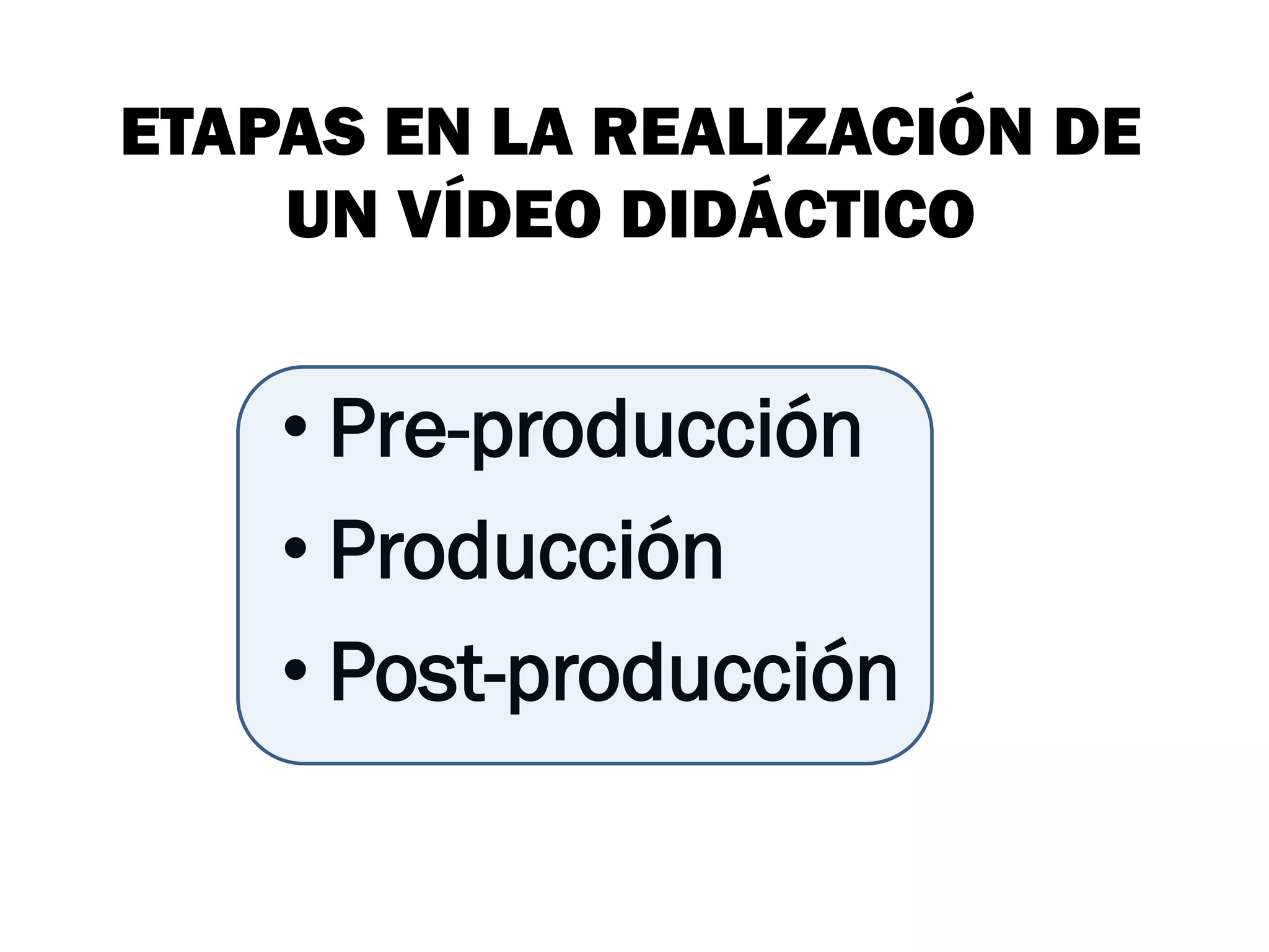 ETAPAS EN LA REALIZACIÓN DE
    UN VÍDEO DIDÁCTICO


    • Pre-producción
    • Producción
    • Post-producción
 