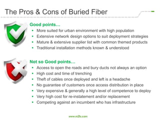 The Pros & Cons of Buried Fiber
 Good points…
 More suited for urban environment with high population
 Extensive network design options to suit deployment strategies
 Mature & extensive supplier list with common themed products
 Traditional installation methods known & understood
 Not so Good points…
 Access to open the roads and bury ducts not always an option
 High cost and time of trenching
 Theft of cables once deployed and left is a headache
 No guarantee of customers once access distribution in place
 Very expensive & generally a high level of competence to deploy
 Very high cost for re-instatement and/or replacement
 Competing against an incumbent who has infrastructure
 