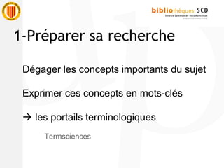 Dégager les concepts importants du sujet
Exprimer ces concepts en mots-clés
 les portails terminologiques
Termsciences
1-Préparer sa recherche
 