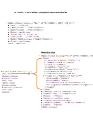 On considère la notice bibliographique écrit sous format BiblioML




                                Métadonnées
 