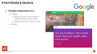 STRATÉGIES & ENJEUX
22
www.m2iformation.fr
▶ Google (Alphabet Inc.)
▶ Calico
▶ Google investi massivement
dans la recherche en santé
▶ Objectif annoncé : tuer la mort
▶ Verily
 