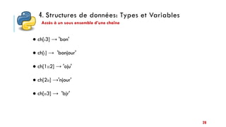 4. Structures de données: Types et Variables
28
● ch[:3] → 'bon'
● ch[:] → 'bonjour'
● ch[1::2] → 'oju'
● ch[2::] →'njour'
● ch[::3] → 'bjr'
Accès à un sous ensemble d’une chaîne
 