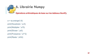 6. Librairie Numpy
87
Opérations arithmétiques de base sur les tableaux NumPy
a = np.arange(1,6)
print('Soustraire :',a-5)
print('Multiplier :',a*5)
print('Diviser :',a/5)
print('Puissance :',a**2)
print('Reste :',a%5)
 