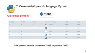 9
Qui utilise python?
2. Caractéristiques du langage Python
Le premier selon le classement TIOBE -septembre 2022-
 