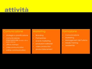 attività


Comunicazione                       Marketing                   Formazione
•   strategia e pianificazione      •   Branding                •   Comunicazione
•   comunicazione                   •   Partnerships            •   Marketing
    internazionale (Europa, USA e   •   events marketing        •   Management del Turismo
    Medio Oriente)
                                    •   produzioni editoriali   •   Media Training
•   ufficio stampa                                              •   Leadership
                                    •   video production
•   crisiscommunication
•   online communication            •   productplacement
 