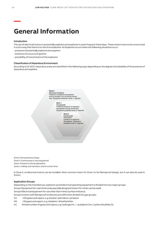 04 LOW VOLTAGE FLAME-PROOF CAST IRON MOTORS FOR EXPLOSIVE GAS ATMOSPHERE
—
General Information
Introduction
The use of electrical motors in potentially explosive atmospheres is quite frequent these days. These motors have to be constructed
insuchawaythatthereisnoriskofanexplosion.AnExplosionoccurswhenthefollowingsituationsoccur:
-presenceofpotentiallyexplosiveatmosphere
-existenceofasourceofignition
-possibilityoftransmissionoftheexplosion
Classification of Hazardous Environment
According to IS: 5572, Hazardous areas are classified in the following ways depending on the degree of probability of the presence of
hazardousatmosphere.
ZoneCriteriapresenceofgas
Zone0 Continuouslyorverylongperiod
Zone1 Presentinnormaloperations
Zone2 Unlikely,butifpresent,onlyforashorttime
In Zone 0, no electrical motors can be installed. Most common motor for Zone 1 is the flameproof design, but it can also be used in
Zone2.
Application Groups
Dependingontheintendeduse,explosion-proofelectricaloperatingequipmentisdividedintotwomajorgroups:
GroupIEquipmentforcoalmines(onlyspeciallydesignedmotorsforminescanbeused)
GroupIIElectricalequipmentforuseotherthanmines(surfaceindustry)
GroupIImotorswithflameproofenclosuresarestillfurtherdividedintogasgroups:
IIA ~120gasesandvapors,e.g.butane/petroleum/propane
IIB ~30gasesandvapors,e.g.ethylene/dimethylether
IIC limitednumberofgasesandvapors,e.g.hydrogenH2 / acetyleneC2H2 /carbondisulfideCS2
Zone 2
Abnormal Conditions
Presence of explosive atmosphere
only by accident, but not during normal
duty. Equipment protection level ‘c’ required.
Zone 1
Occasionally
Incidental presence of explosive
atmosphere during normal duty.
Equipment protection level ‘b’ required.
Zone 0
Continuously
Permanent
presence of explosive
atmosphere. Equipment
protection level ‘a’ required.
 