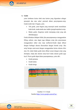 85Modul Kearsipan
PPG Dalam Jabatan Bidang Studi Manajemen Perkantoran
KEARSIPAN
6. Guide
yaitu lembaran kertas tebal atau karton yang digunakan sebagai
penunjuk dan atau sekat/ pemisah dalam penyimpanan arsip.
Guide terdiri dari 2 bagian, yaitu
• Tab guide, yaitu bagian yang menonjol untuk menuliskan
kode-kode, tanda-tanda atau indeks (pengelompokan) arsip.
• Badan guide, fungsinya untuk menopang arsip yang ada
dibelakangnya
Guide diletakan didepan folder jika penympanannya menggunakan
filling cabinet, atau dapat juga didepan arsip jika penyimanan
menggunakan odner atau map snelhecter.Guide dapat dibuat
dengan berbagai ukuran disesuaikan dengan bentuk arsip. Jika
arsip berupa surat-surat dengan menggunakan kertas ukurna folio
atau A4, maka badan guide akan dibuat sesuai dengan arsip yang
disimpan, tetapi jika ukuran arsip kecil maka ukuran guide juga
kecil. Posisi guide dapat diatur penempatannya, yaitu sbb :
• Guide pertama
• Guide kedua
• Guide ketiga
Gambar 3.13. Giude
Sumber:https://www.google.com/url?sa=
i&source=images&cd=&ved=2ahUKEw
i13I_juYXlAhVMfH0KHc90DTQQjRx
6BAgBEAQ&url=http%3A%2F%2Fedy
indo.blogspot.com%2F2016%2F08%2F
beberapa-peralatan-kearsipan-
beserta.html&psig=AOvVaw1JJjz5iZzM
iunrHup1FYuQ&ust=157037631123888
 