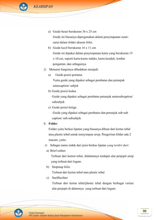 95Modul Kearsipan
PPG Dalam Jabatan Bidang Studi Manajemen Perkantoran
KEARSIPAN
a) Guide besar berukuran 36 x 25 cm
Guide ini biasanya dipergunakan dalam penyimpanan surat-
surat dalam folder ukuran folio.
b) Guide kecil berukuran 16 x 11 cm
Guide ini dipakai dalam penyimpanan kartu yang berukuran 15
x 10 cm, seperti kartu-kartu indeks, kartu kendali, lembar
pengantar, dan sebagainya
2) Menurut fungsinya dibedakan menjadi:
a) Guide posisi pertama
Yaitu guide yang dipakai sebagai pembatas dan petunjuk
antarcaption/ subjek
b) Guide posisi kedua
Guide yang dipakai sebagai pembatas petunjuk antarsubcaption/
subsubjek
c) Guide posisi ketiga
Guide yang dipakai sebagai pembatas dan petunjuk sub-sub
caption/ sub-subsubjek
b. Folder
Folder yaitu berkas lipatan yang biasanya dibuat dari kertas tebal
atau plastic tebal untuk menyimpan arsip. Pengertian folder ada 2
macam, yaitu:
1) Sebagai nama induk dari jenis berkas lipatan yang terdiri dari:
a) Brief ordner
Terbuat dari karton tebal, didalamnya terdapat alat penjepit arsip
yang terbuat dari logam.
b) Stopmap folio
Terbuat dari kertas tebal atau plastic tebal
c) Snellhechter
Terbuat dari kertas tebal/plastic tebal dengan berbagai variasi
alat penjepit di dalamnya yang terbuat dari logam.
 