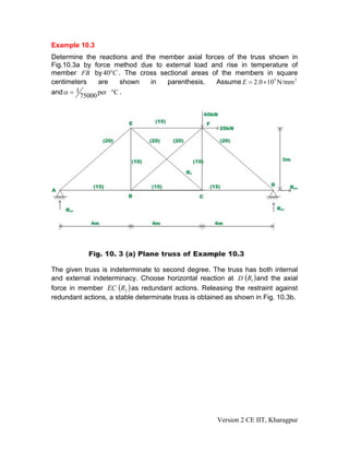 Example 10.3
Determine the reactions and the member axial forces of the truss shown in
Fig.10.3a by force method due to external load and rise in temperature of
member FB by 40°C . The cross sectional areas of the members in square
centimeters     are    shown  in  parenthesis.   Assume E = 2.0 × 105 N/mm 2
and α = 1       per °C .
          75000




The given truss is indeterminate to second degree. The truss has both internal
and external indeterminacy. Choose horizontal reaction at D (R1 ) and the axial
force in member EC (R2 ) as redundant actions. Releasing the restraint against
redundant actions, a stable determinate truss is obtained as shown in Fig. 10.3b.




                                                      Version 2 CE IIT, Kharagpur
 