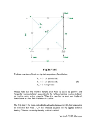 Evaluate reactions of the truss by static equations of equilibrium.

                            RCy = −5 kN (downwards)
                            RCx = −5 kN (downwards)                          (1)
                            RDy = 15 kN(upwards)


Please note that the member tensile axial force is taken as positive and
horizontal reaction is taken as positive to the right and vertical reaction is taken
as positive when acting upwards. When the member cut ends are displaced
towards one another then it is taken as positive.


The first step in the force method is to calculate displacement (Δ L ) corresponding
to redundant bar force FAD in the released structure due to applied external
loading. This can be readily done by unit-load method.


                                                        Version 2 CE IIT, Kharagpur
 