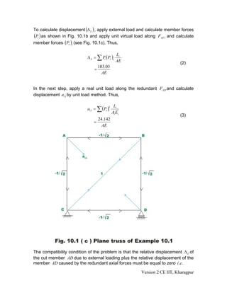 To calculate displacement (Δ L ) , apply external load and calculate member forces
(Pi ) as shown in Fig. 10.1b and apply unit virtual load along FAD and calculate
member forces (Pv )i (see Fig. 10.1c). Thus,

                                                Li
                            Δ L = ∑ Pi (Pv )i
                                                AE                          (2)
                                  103.03
                                =
                                    AE


In the next step, apply a real unit load along the redundant FAD and calculate
displacement a11 by unit load method. Thus,


                            a11 = ∑ (Pv )i
                                         2    Li
                                             Ai Ei
                                                                            (3)
                                  24.142
                                =
                                    AE




The compatibility condition of the problem is that the relative displacement Δ L of
the cut member AD due to external loading plus the relative displacement of the
member AD caused by the redundant axial forces must be equal to zero i.e.

                                                       Version 2 CE IIT, Kharagpur
 