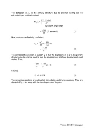 The deflection (Δ L )1 in the primary structure due to external loading can be
calculated from unit load method.

                                         (12 x)(−4)dx
                                       3
                            ( Δ L )1 = ∫
                                       0
                                               EI
                                              (span DA, origin at D)

                                           − 216
                                       =         (Downwards)                    (1)
                                            EI

Now, compute the flexibility coefficient,

                                   4           6
                                     x2        16
                             a11 = ∫    dx + ∫    dx
                                   0
                                     EI      0
                                               EI
                                       117.33
                                     =                                          (2)
                                         EI

The compatibility condition at support C is that the displacement at C in the primary
structure due to external loading plus the displacement at C due to redundant must
vanish. Thus,

                             − 216 117.33
                                  +       R1 = 0                                (3)
                              EI     EI

Solving,

                             R1 = 1.84 kN                                       (4)

The remaining reactions are calculated from static equilibrium equations. They are
shown in Fig.11.4d along with the bending moment diagram.




                                                                Version 2 CE IIT, Kharagpur
 